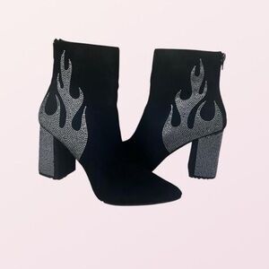 Black Ankle Boots with Silver Flame Design